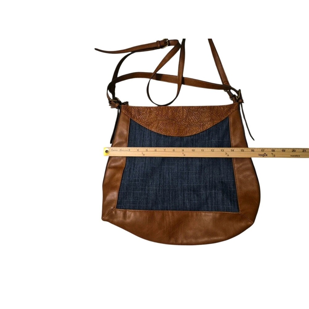 Pioneer Woman Denim Tote Hobo Purse Vegan Leather Blue Brown - Picture 3 of 9